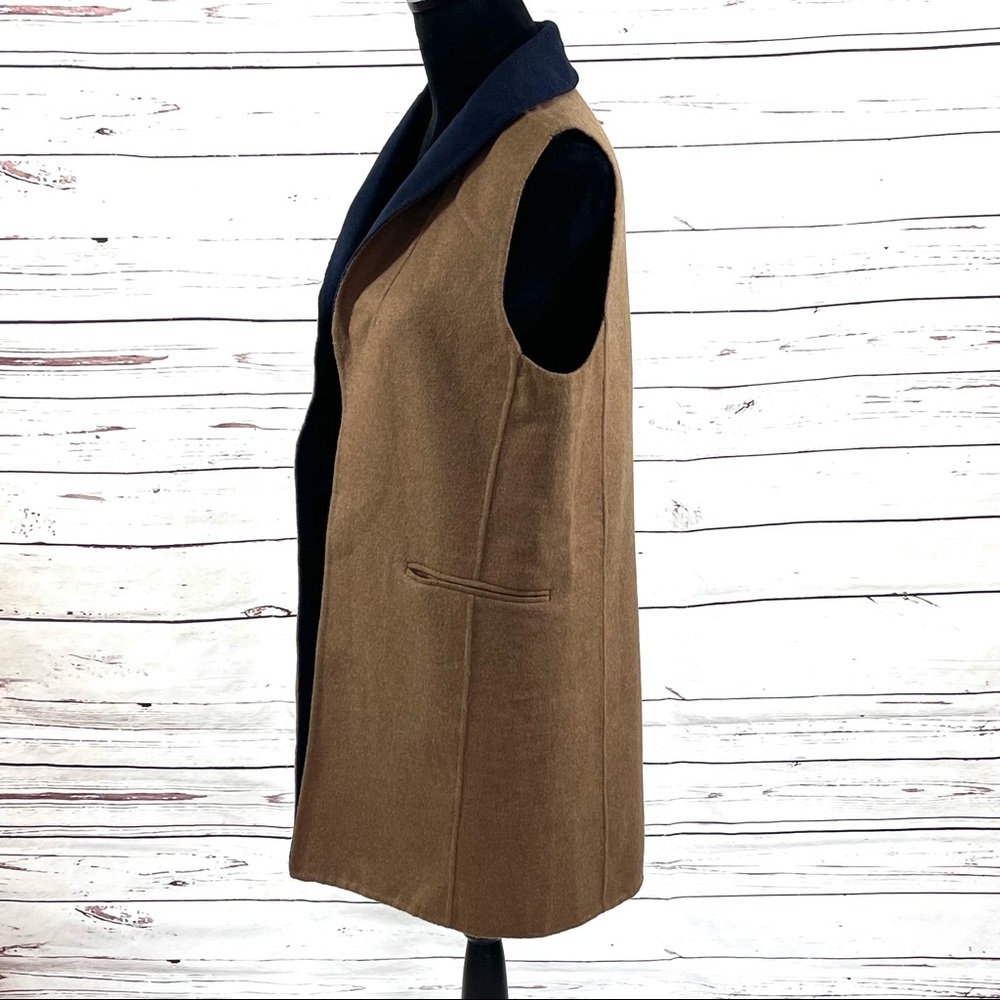 Talbots Double Faced Open Vest Long Shawl Collar Tan/Blue Wool Blend Size S‎ - Picture 2 of 10